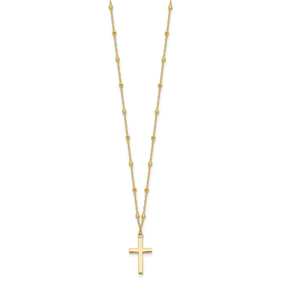 14K Mirror Beaded Chain with Polished Cross Pendant 16.25 inch Necklace Plus 2 inch Extender