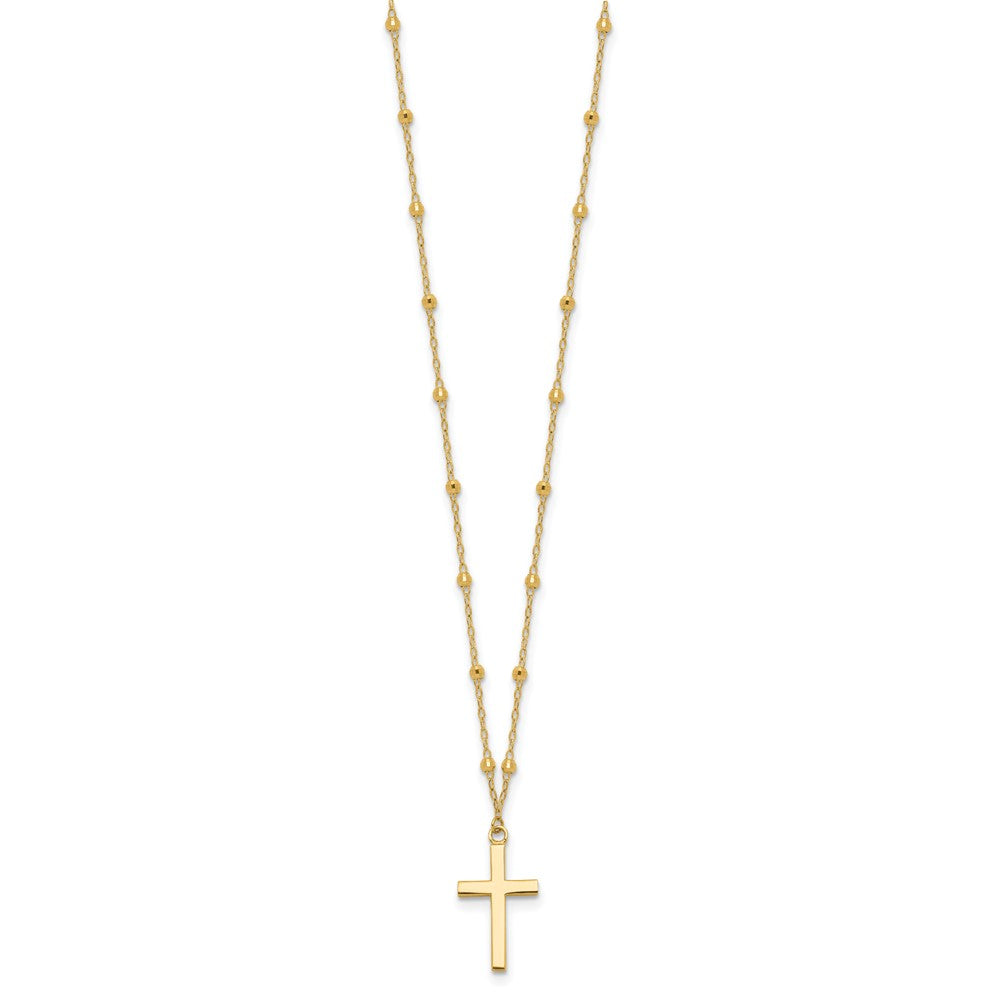 14K Mirror Beaded Chain with Polished Cross Pendant 16.25 inch Necklace Plus 2 inch Extender