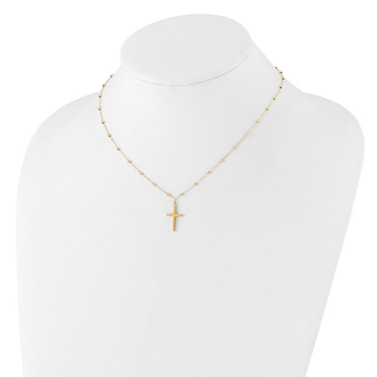 14K Mirror Beaded Chain with Polished Cross Pendant 16.25 inch Necklace Plus 2 inch Extender