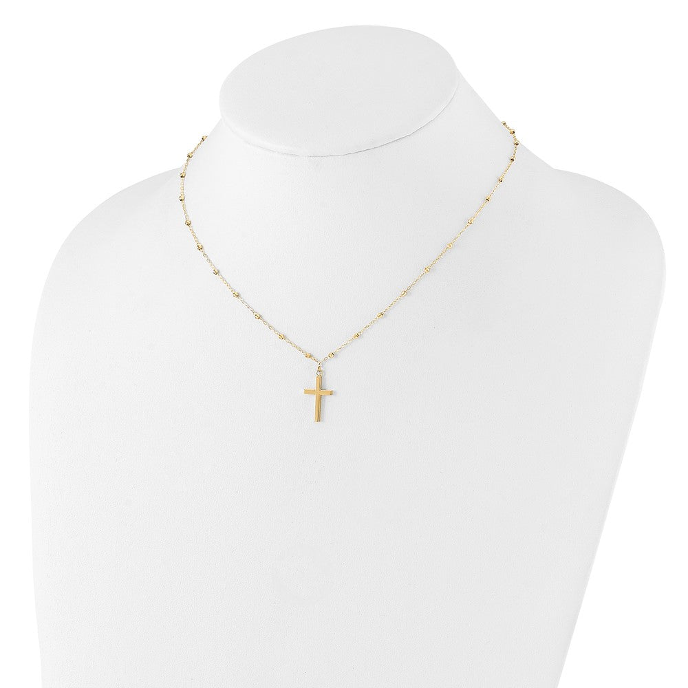 14K Mirror Beaded Chain with Polished Cross Pendant 16.25 inch Necklace Plus 2 inch Extender