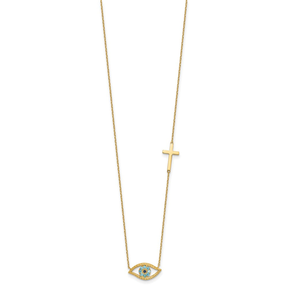 14K Polished Blue CZ Evil Eye and Cross 18 inch Necklace Plus 2 inch Extender