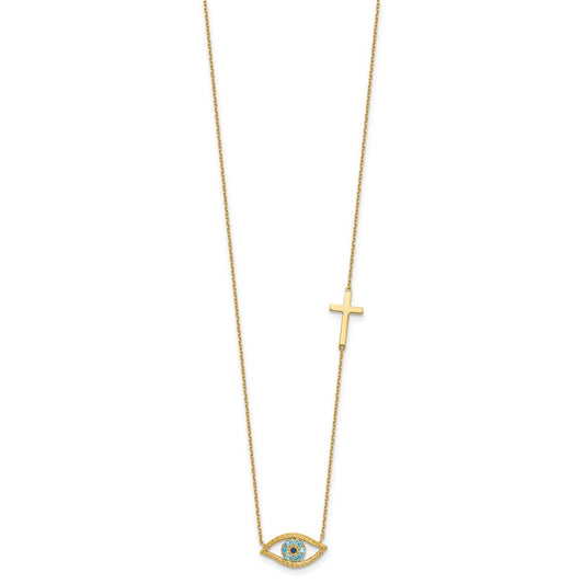 14K Polished Blue CZ Evil Eye and Cross 18 inch Necklace Plus 2 inch Extender