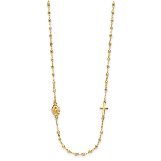 14K Polished Miraculous Medal and Cross Beaded Rosary Design 16.5 inch Necklace