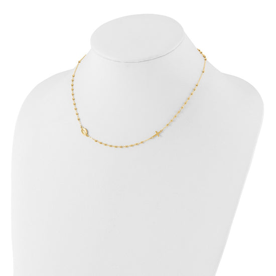 14K Polished Miraculous Medal and Cross Beaded Rosary Design 16.5 inch Necklace