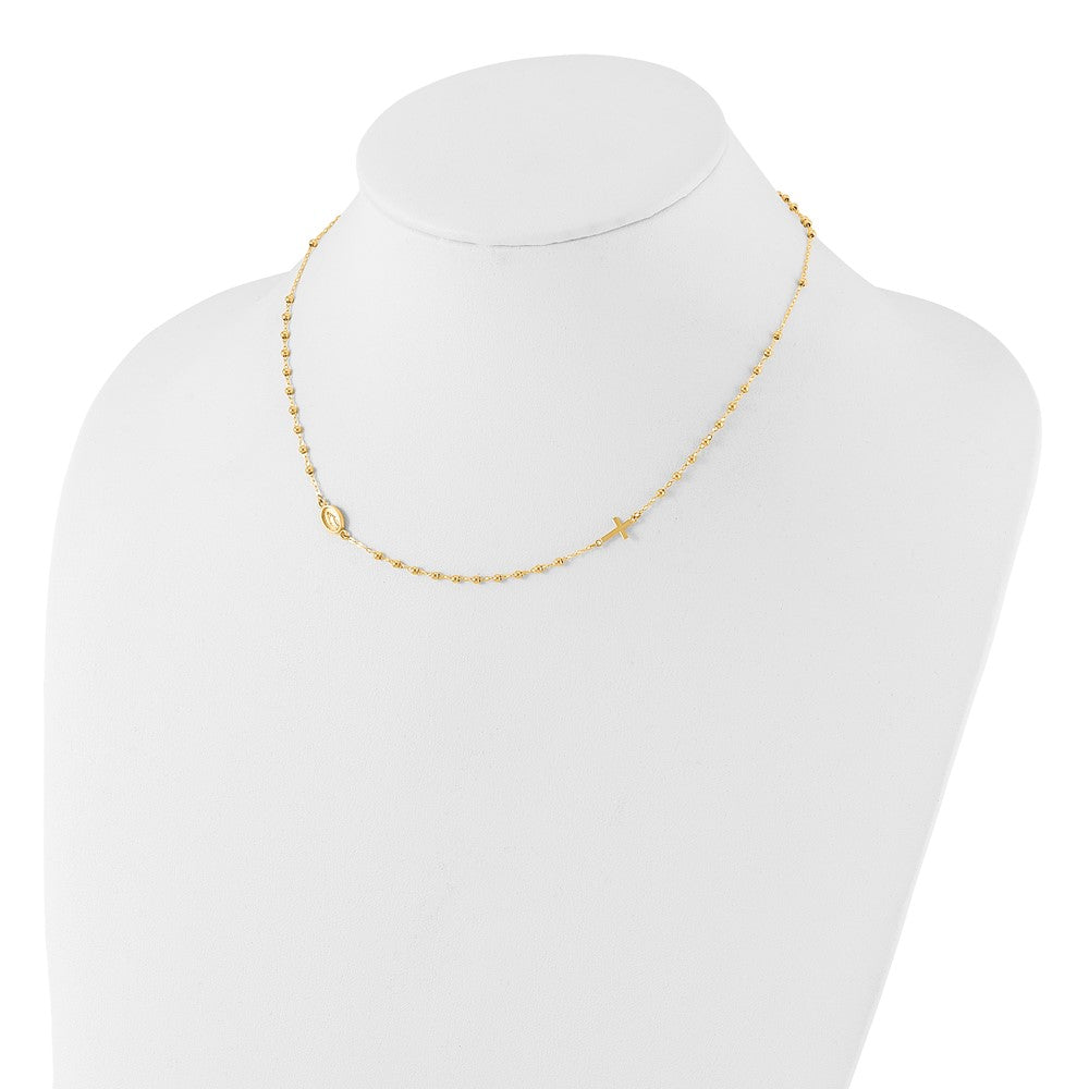 14K Polished Miraculous Medal and Cross Beaded Rosary Design 16.5 inch Necklace