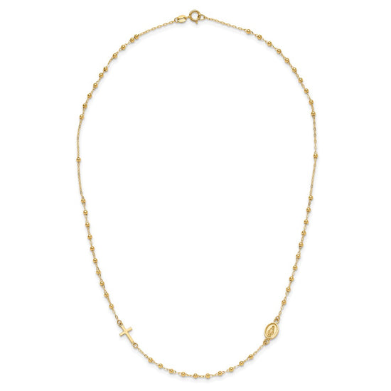 14K Polished Miraculous Medal and Cross Beaded Rosary Design 16.5 inch Necklace