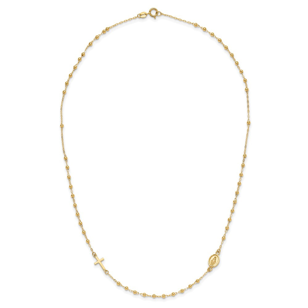 14K Polished Miraculous Medal and Cross Beaded Rosary Design 16.5 inch Necklace