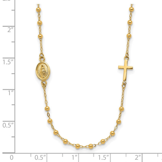 14K Polished Miraculous Medal and Cross Beaded Rosary Design 16.5 inch Necklace