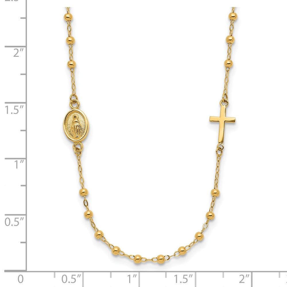 14K Polished Miraculous Medal and Cross Beaded Rosary Design 16.5 inch Necklace