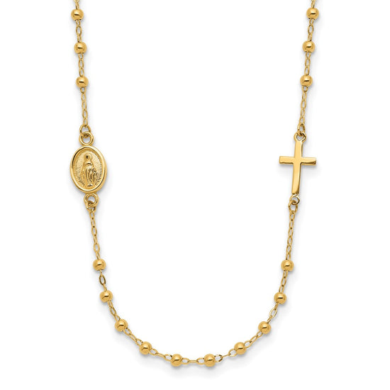 14K Polished Miraculous Medal and Cross Beaded Rosary Design 16.5 inch Necklace