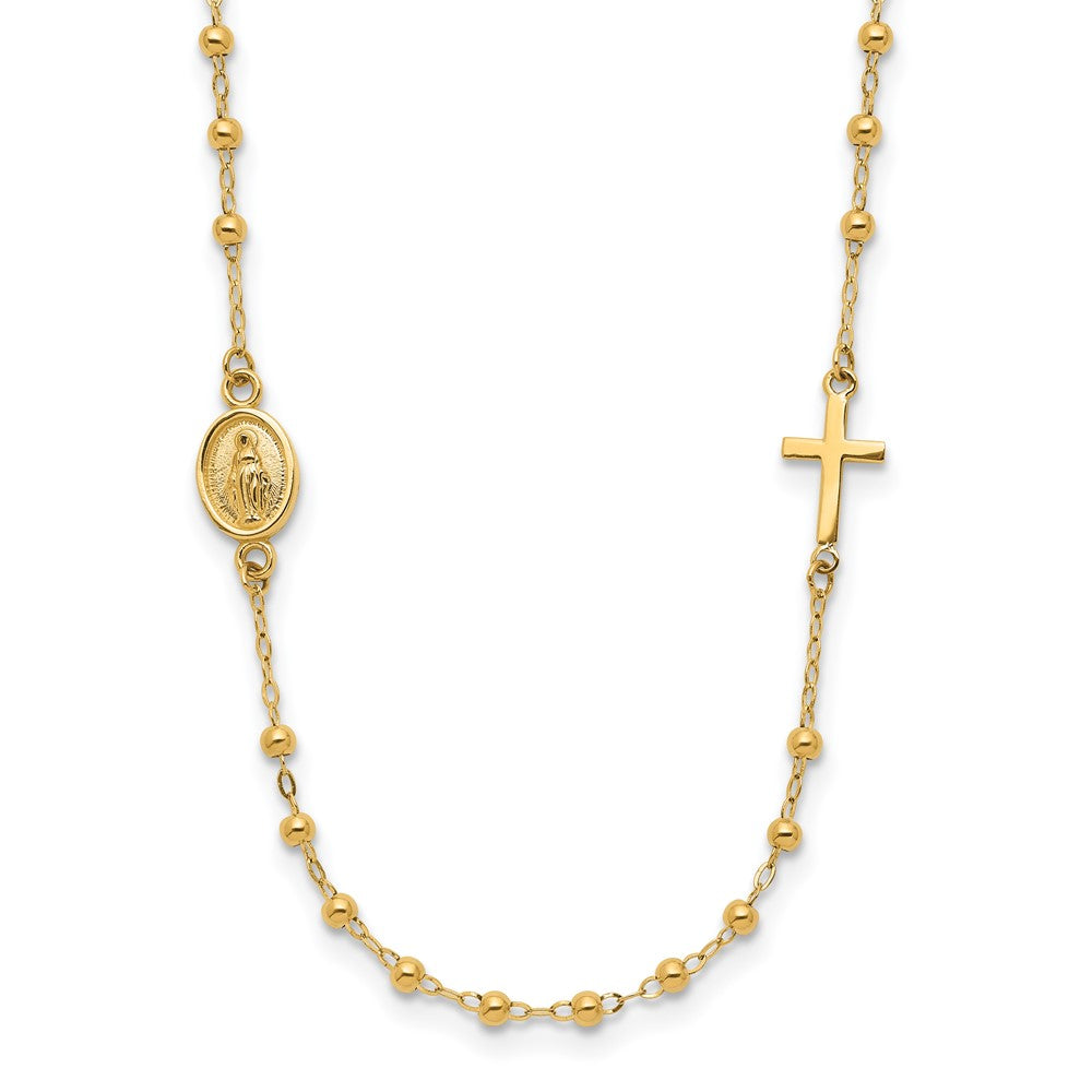14K Polished Miraculous Medal and Cross Beaded Rosary Design 16.5 inch Necklace