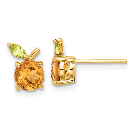 14K Round Citrine and Peridot Orange Post Earrings