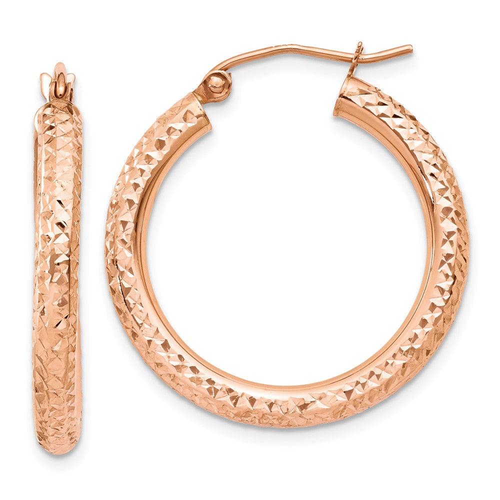 14k Rose Gold 3x25mm Diamond-cut Round Tube Hoop Earrings