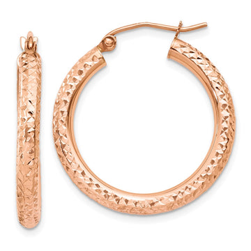 14k Rose Gold 3x25mm Diamond-cut Round Tube Hoop Earrings