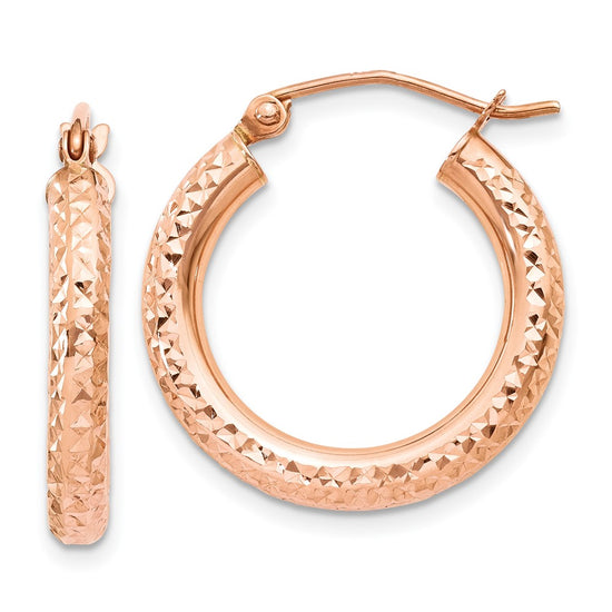 14k Rose Gold 3x20mm Diamond-cut Round Tube Hoop Earrings
