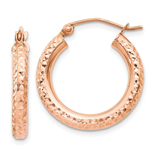 14k Rose Gold 3x20mm Diamond-cut Round Tube Hoop Earrings