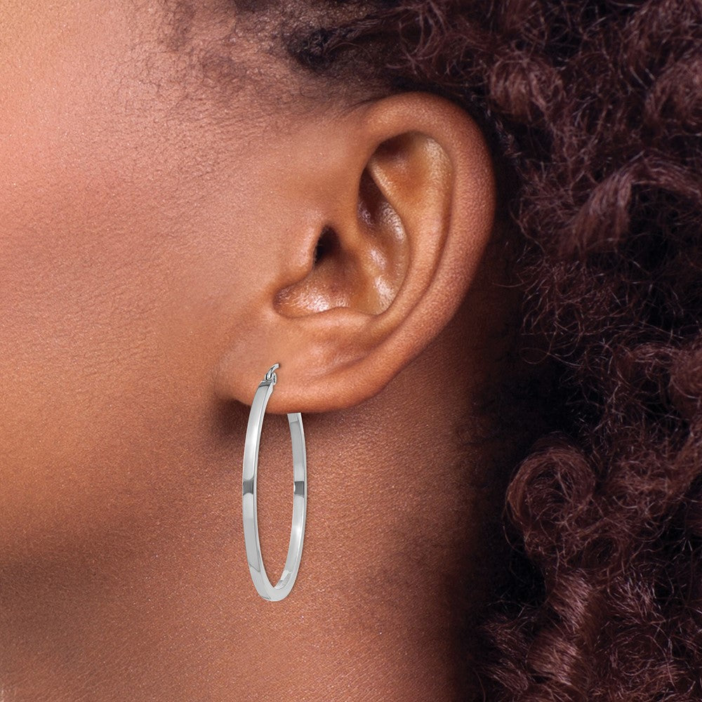 14k White Gold 2x35mm Square Tube Hoop Earrings