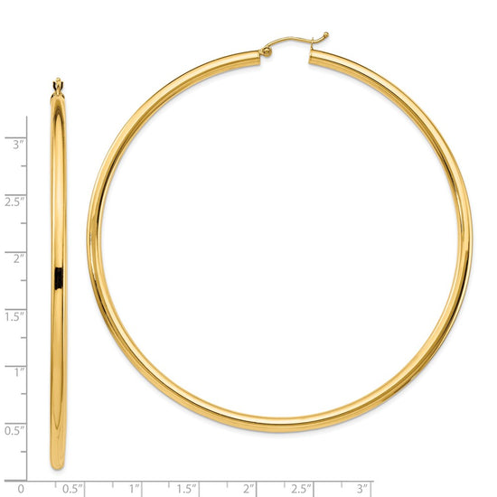14k 3x80mm Polished Round Tube Hoop Earrings