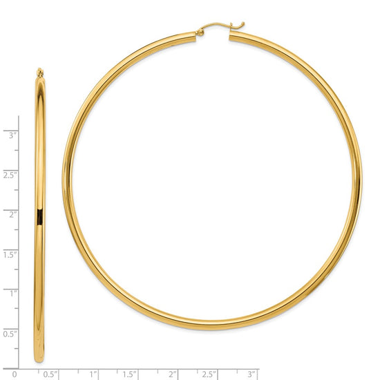 14k 3x90mm Polished Round Tube Hoop Earrings