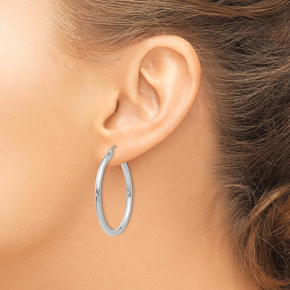 14K White Gold 2.5x35mm Polished Round Tube Hoop Earrings