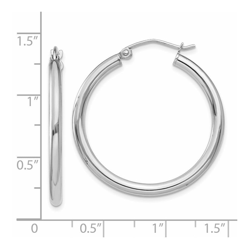 14K White Gold 2.5x30mm Polished Round Tube Hoop Earrings