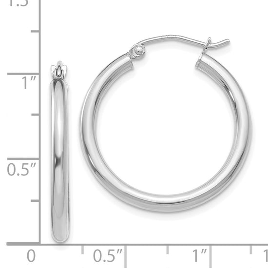 14K White Gold 2.5x25mm Polished Round Tube Hoop Earrings