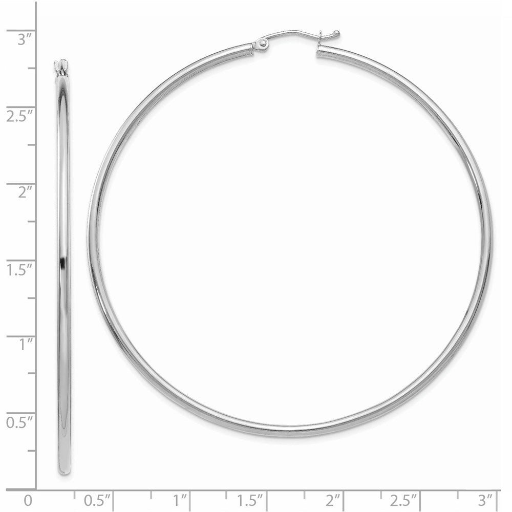 14K White Gold 2.5x65mm Polished Round Tube Hoop Earrings