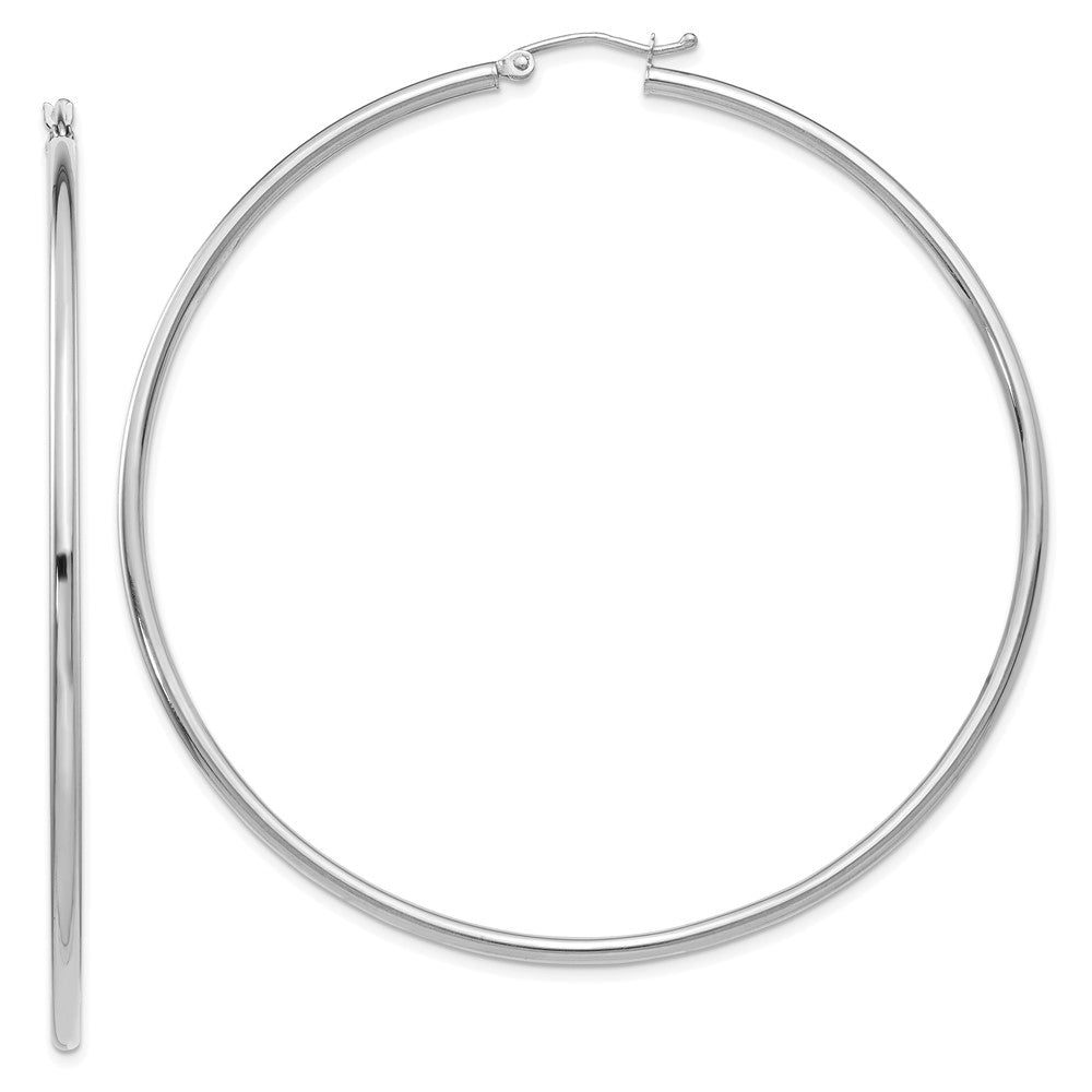 14K White Gold 2.5x65mm Polished Round Tube Hoop Earrings