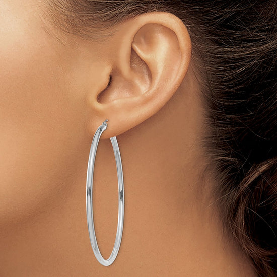 14K White Gold 2.5x60mm Polished Round Tube Hoop Earrings
