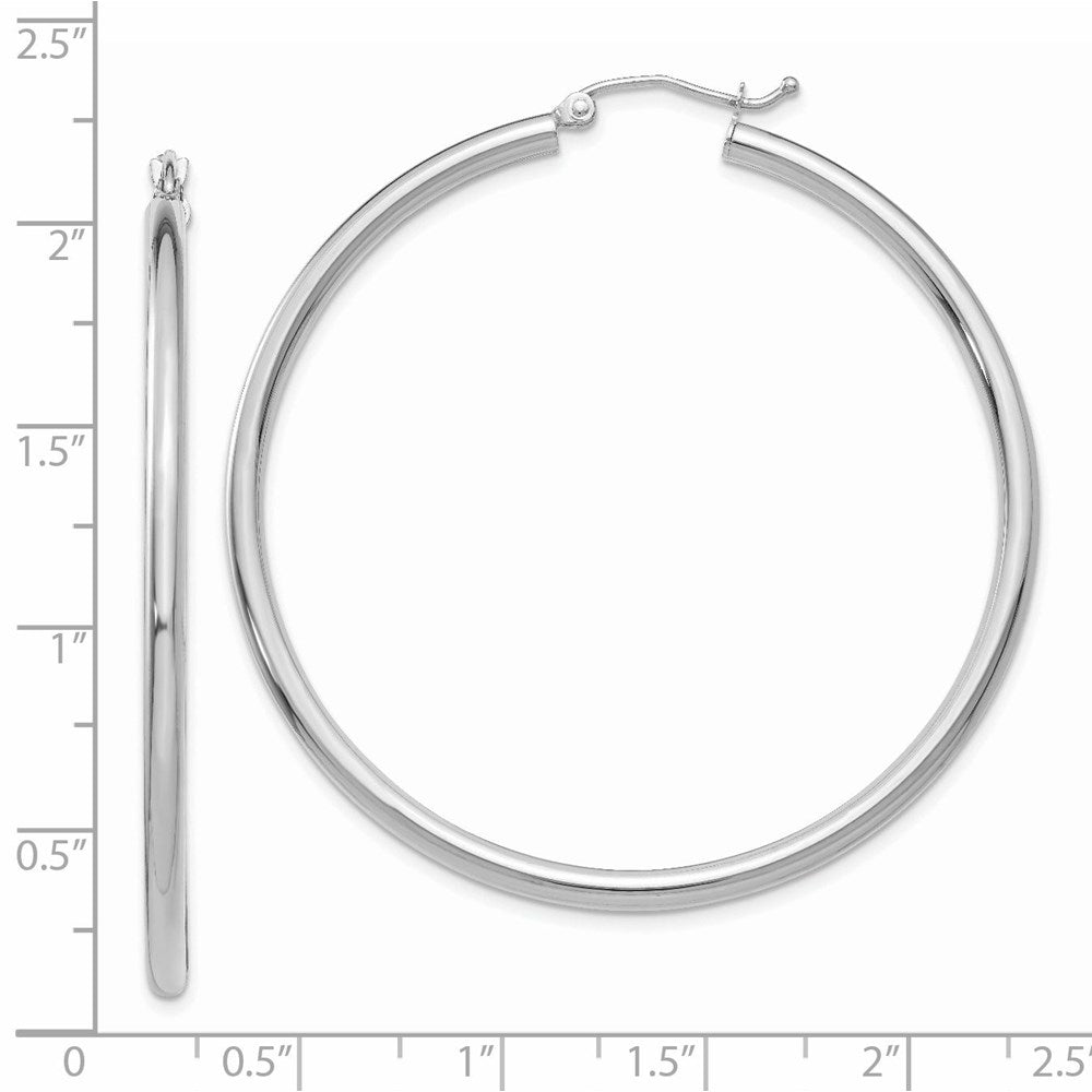 14K White Gold 2.5x50mm Polished Round Tube Hoop Earrings