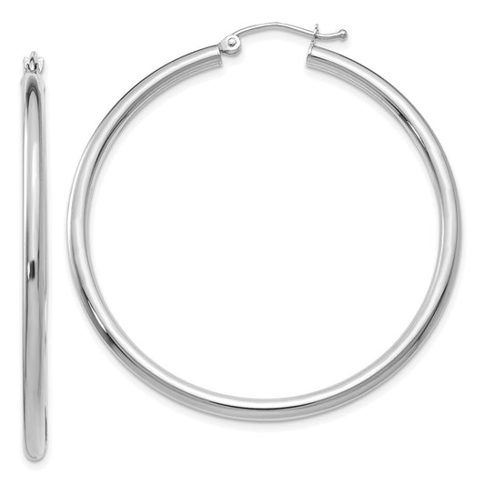 14K White Gold 2.5x45mm Polished Round Tube Hoop Earrings