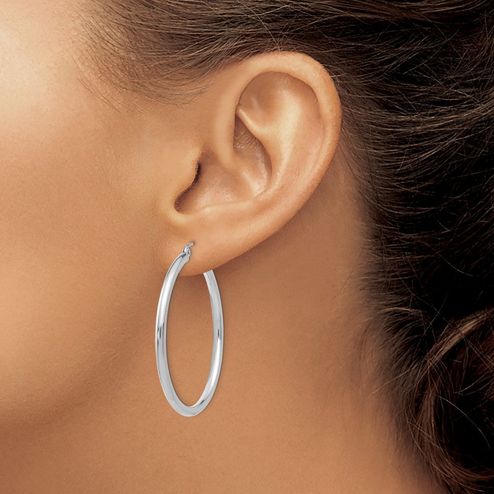 14K White Gold 2.5x40mm Polished Round Tube Hoop Earrings