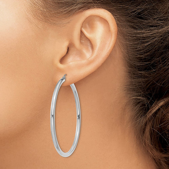 14K White Gold 3x55mm Polished Tube Hoop Earrings