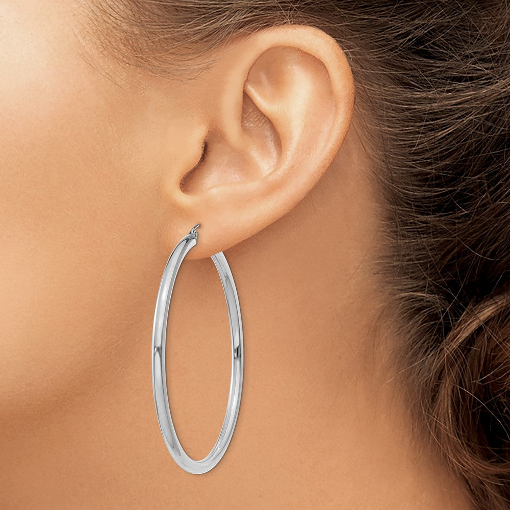 14K White Gold 3x55mm Polished Tube Hoop Earrings