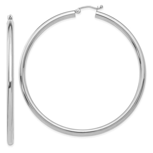 14K White Gold 3x60mm Polished Tube Hoop Earrings