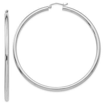 14K White Gold 3x65mm Polished Tube Hoop Earrings