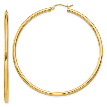 14K 2.5x60mm Polished Round Tube Hoop Earrings