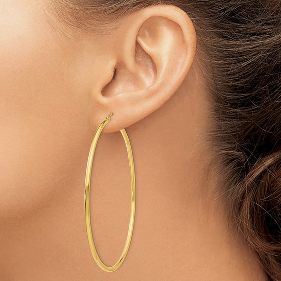 14K 2.5x65mm Polished Round Tube Hoop Earrings