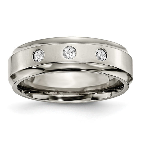 Chisel Titanium Polished 1/5 Carat Diamond Ridged Edge 7mm Band