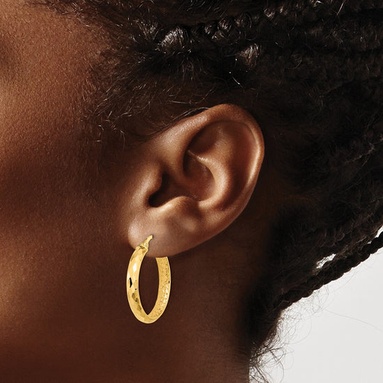 14K 3.75x24mm Faceted Texture with Diamond-cut Inside Fancy Tube Hoop Earrings