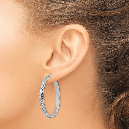 14K White Gold Diamond Cut Hoop Earrings