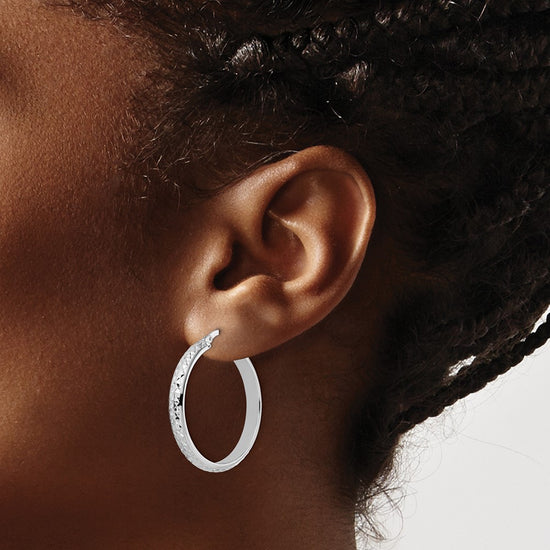 14K White Gold 4x30mm Diamond-cut Tube Hoop Earrings