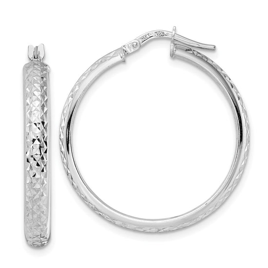 14K White Gold 4x30mm Diamond-cut Tube Hoop Earrings