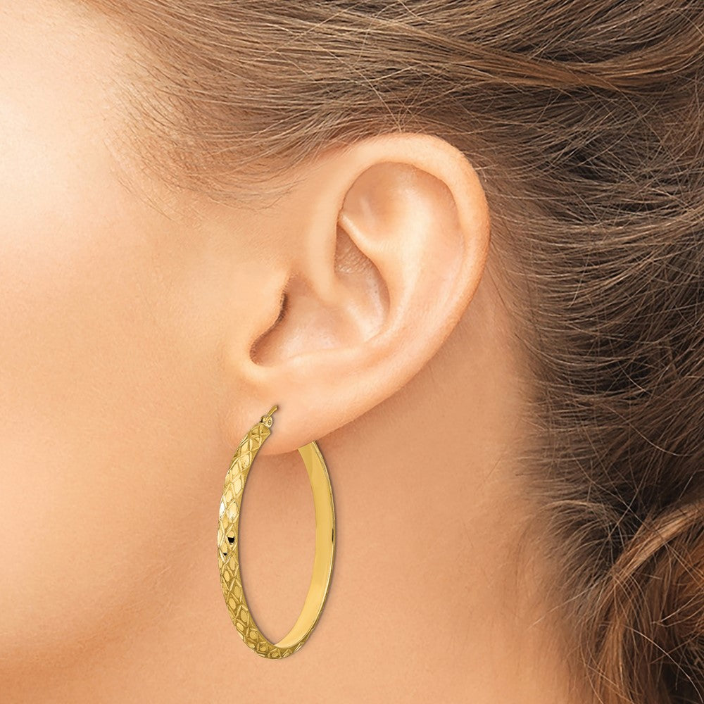14K Polished and Satin Diamond-cut Diamond Pattern Hoop Earrings
