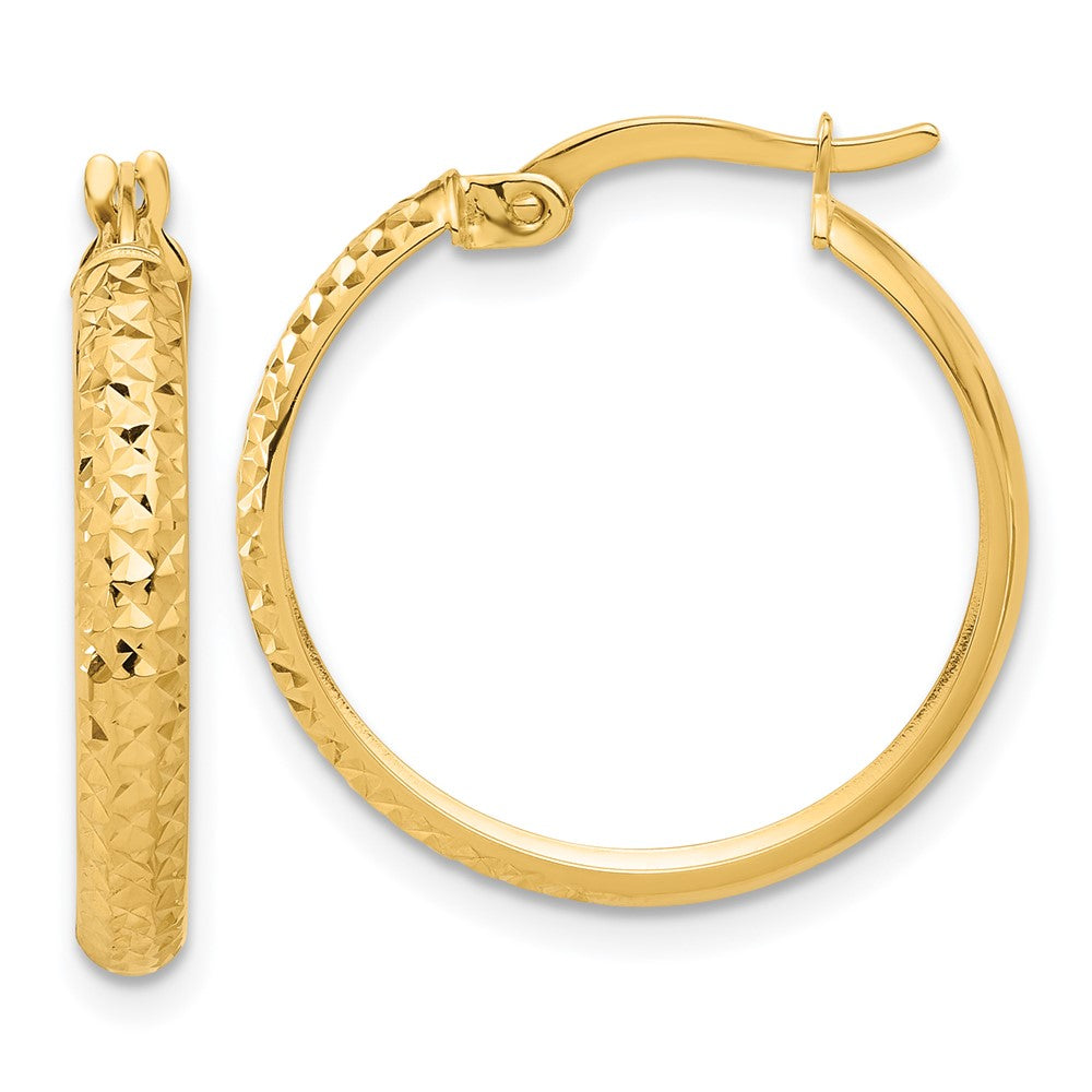 14K 3x22mm Polished and Diamond-cut Hoop Earrings