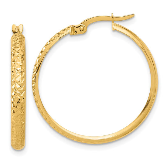 14K 3x26mm Polished and Diamond-cut Hoop Earrings
