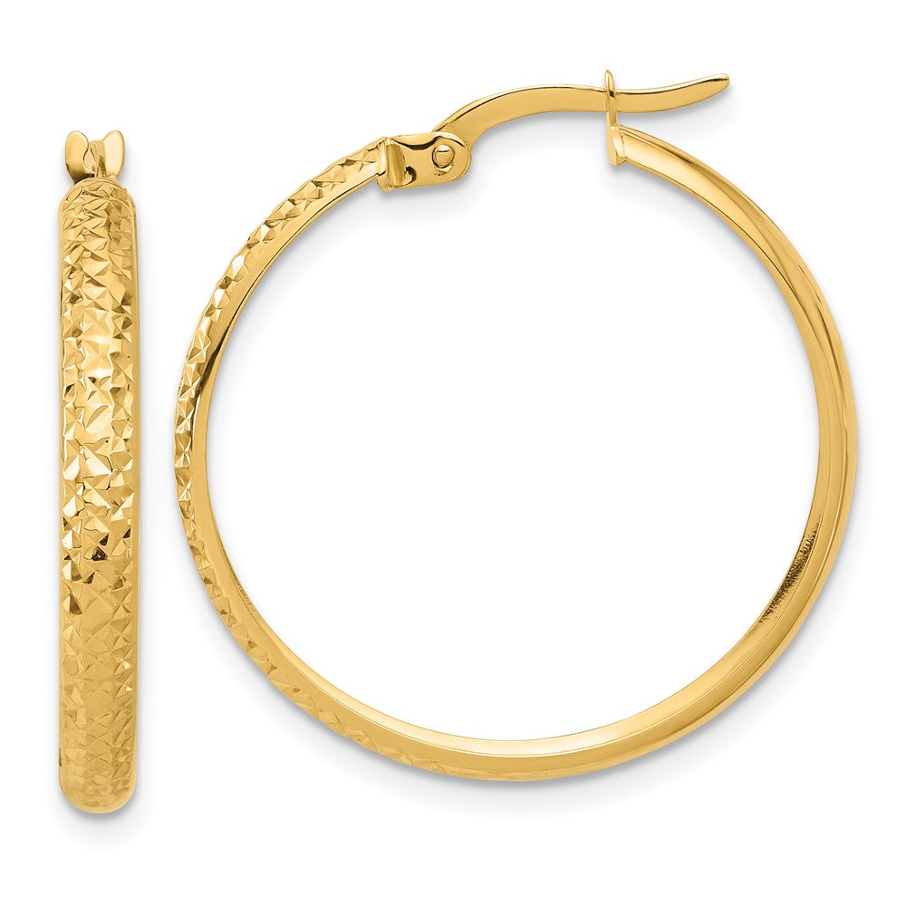 14K 3x26mm Polished and Diamond-cut Hoop Earrings