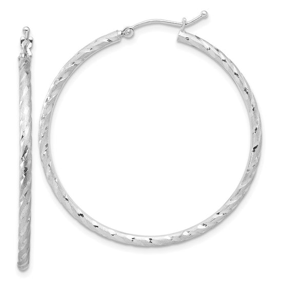 14k White Gold 2.00x40mm Polished and Satin Diamond-cut Twist Tube Hoop Earrings
