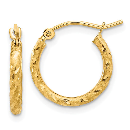 14k 2.00x15mm Polished and Satin Diamond-cut Twist Tube Hoop Earrings