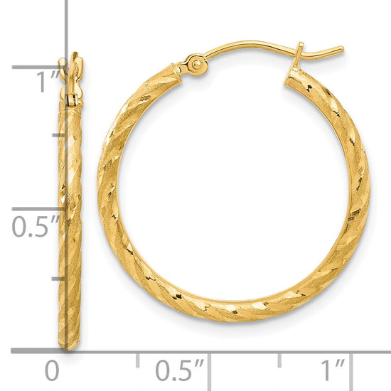 14k 2.00x25mm Polished and Satin Diamond-cut Twist Tube Hoop Earrings